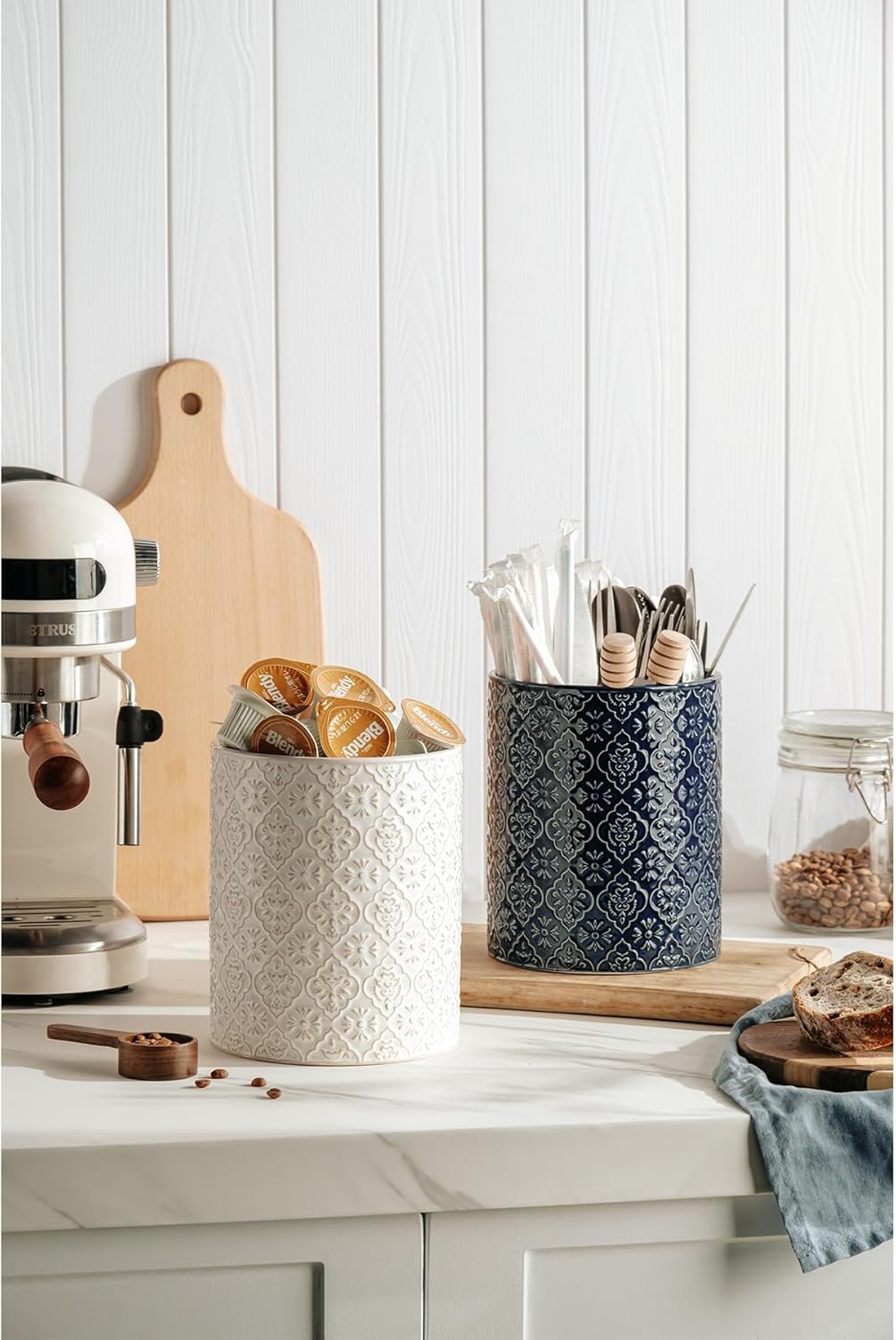 Kitchen Utensil Holder, 7 Inches Large Ceramic Utensil Holder for Countertop, Lace Emboss Cooking Utensil Crocks for Kitchen, Home Decor, Off-White