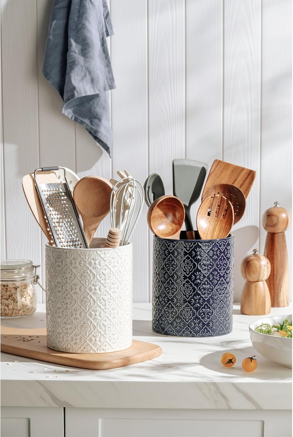 Kitchen Utensil Holder, 7 Inches Large Ceramic Utensil Holder for Countertop, Lace Emboss Cooking Utensil Crocks for Kitchen, Home Decor, Off-White