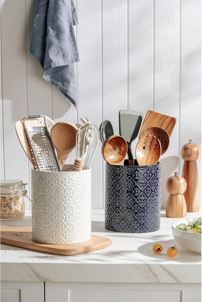 Kitchen Utensil Holder, 7 Inches Large Ceramic Utensil Holder for Countertop, Lace Emboss Cooking Utensil Crocks for Kitchen, Home Decor, Off-White