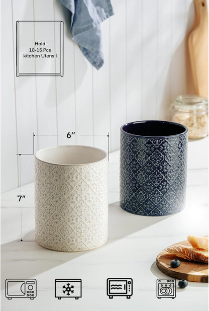 Kitchen Utensil Holder, 7 Inches Large Ceramic Utensil Holder for Countertop, Lace Emboss Cooking Utensil Crocks for Kitchen, Home Decor, Off-White