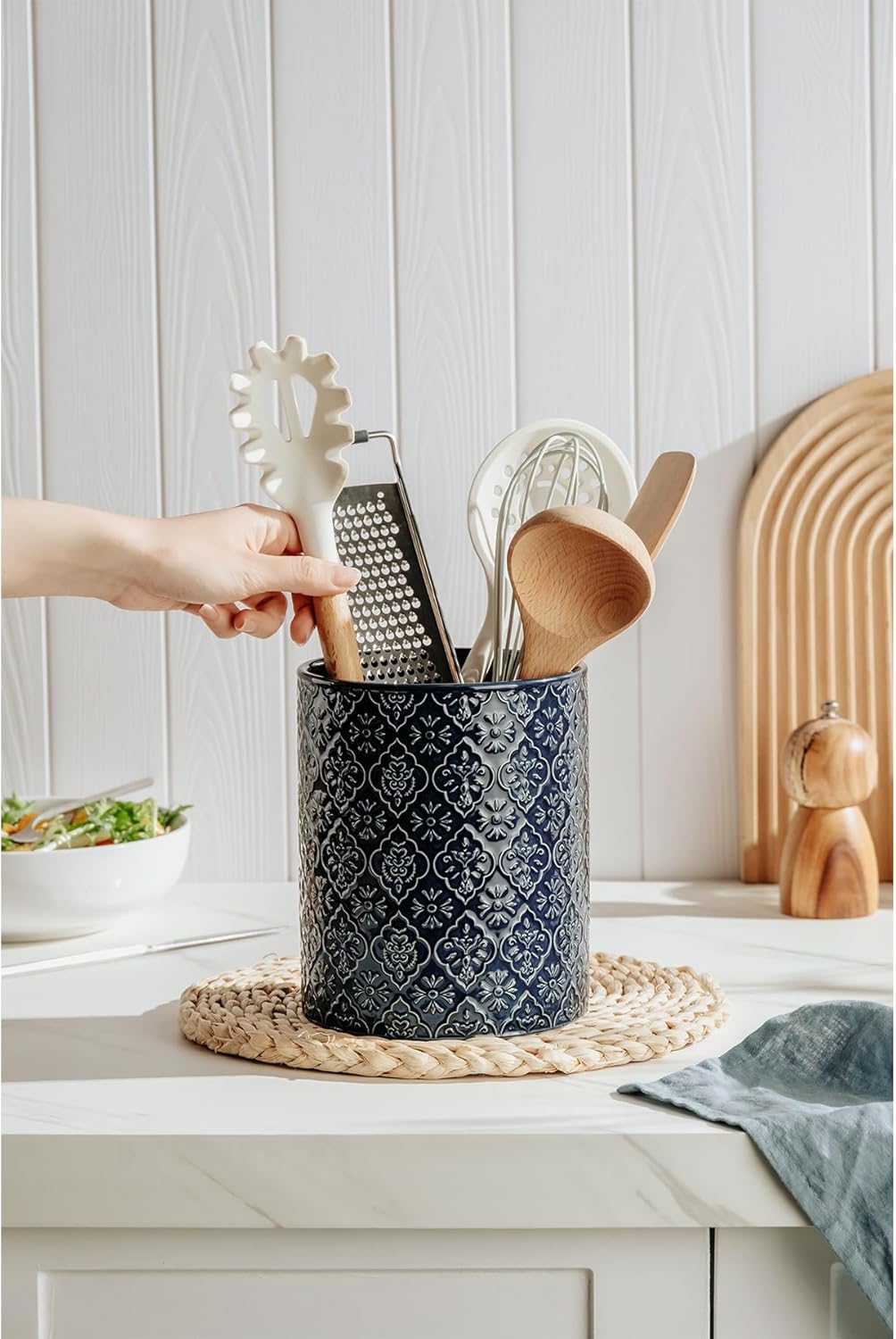 Kitchen Utensil Holder, 7 Inches Large Ceramic Utensil Holder for Countertop, Lace Emboss Cooking Utensil Crocks for Kitchen, Home Decor, Off-White
