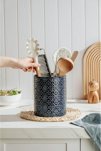 Kitchen Utensil Holder, 7 Inches Large Ceramic Utensil Holder for Countertop, Lace Emboss Cooking Utensil Crocks for Kitchen, Home Decor, Off-White