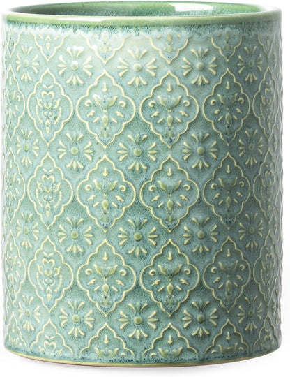 Kitchen Utensil Holder, 7 Inches Large Ceramic Utensil Holder for Countertop, Lace Emboss Cooking Utensil Crocks for Kitchen, Home Decor, Off-White