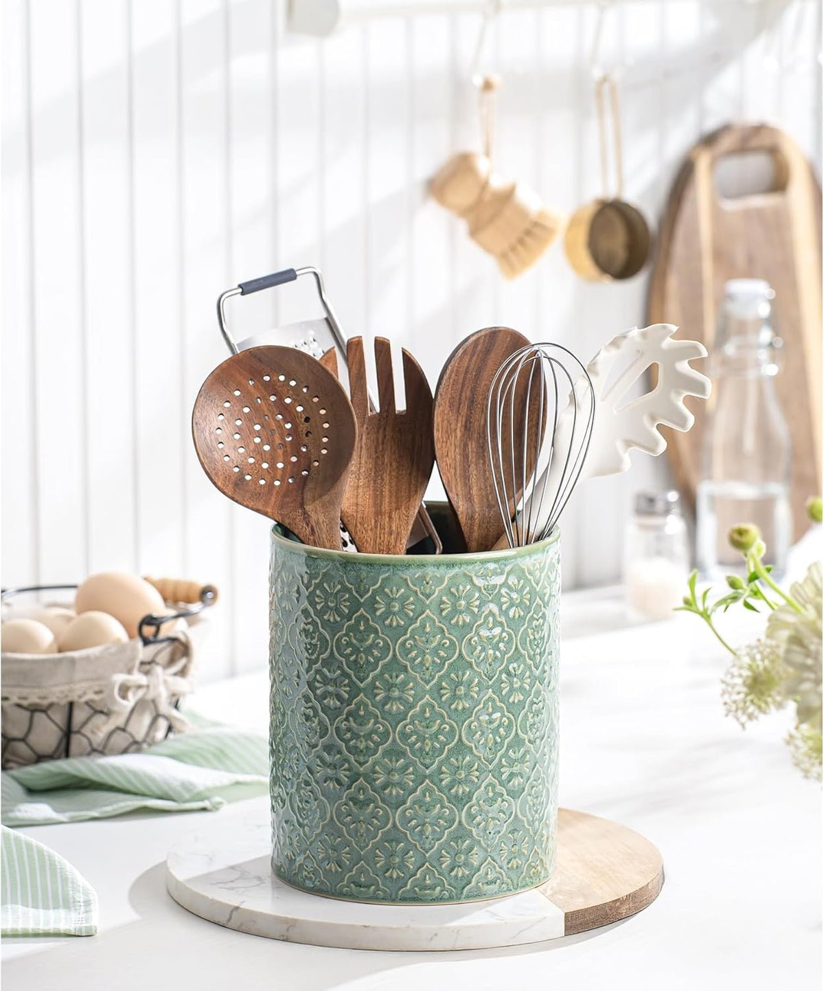 Kitchen Utensil Holder, 7 Inches Large Ceramic Utensil Holder for Countertop, Lace Emboss Cooking Utensil Crocks for Kitchen, Home Decor, Off-White