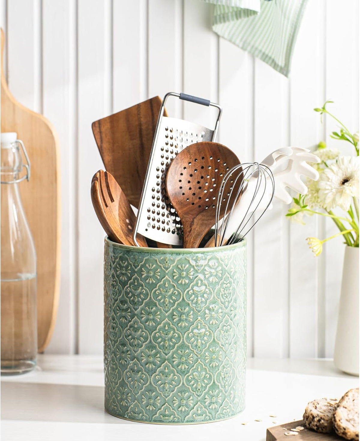 Kitchen Utensil Holder, 7 Inches Large Ceramic Utensil Holder for Countertop, Lace Emboss Cooking Utensil Crocks for Kitchen, Home Decor, Off-White