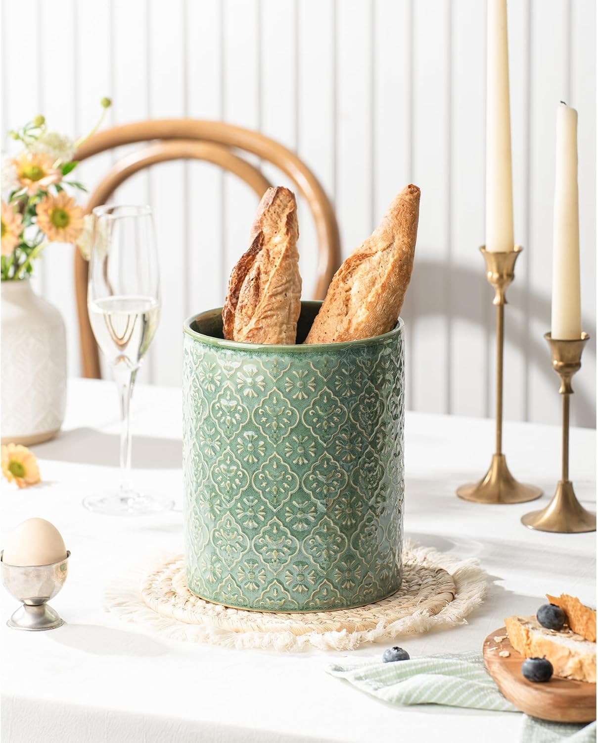 Kitchen Utensil Holder, 7 Inches Large Ceramic Utensil Holder for Countertop, Lace Emboss Cooking Utensil Crocks for Kitchen, Home Decor, Off-White