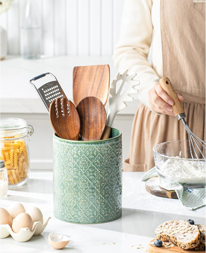 Kitchen Utensil Holder, 7 Inches Large Ceramic Utensil Holder for Countertop, Lace Emboss Cooking Utensil Crocks for Kitchen, Home Decor, Off-White