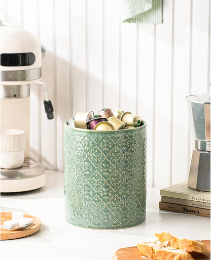 Kitchen Utensil Holder, 7 Inches Large Ceramic Utensil Holder for Countertop, Lace Emboss Cooking Utensil Crocks for Kitchen, Home Decor, Off-White
