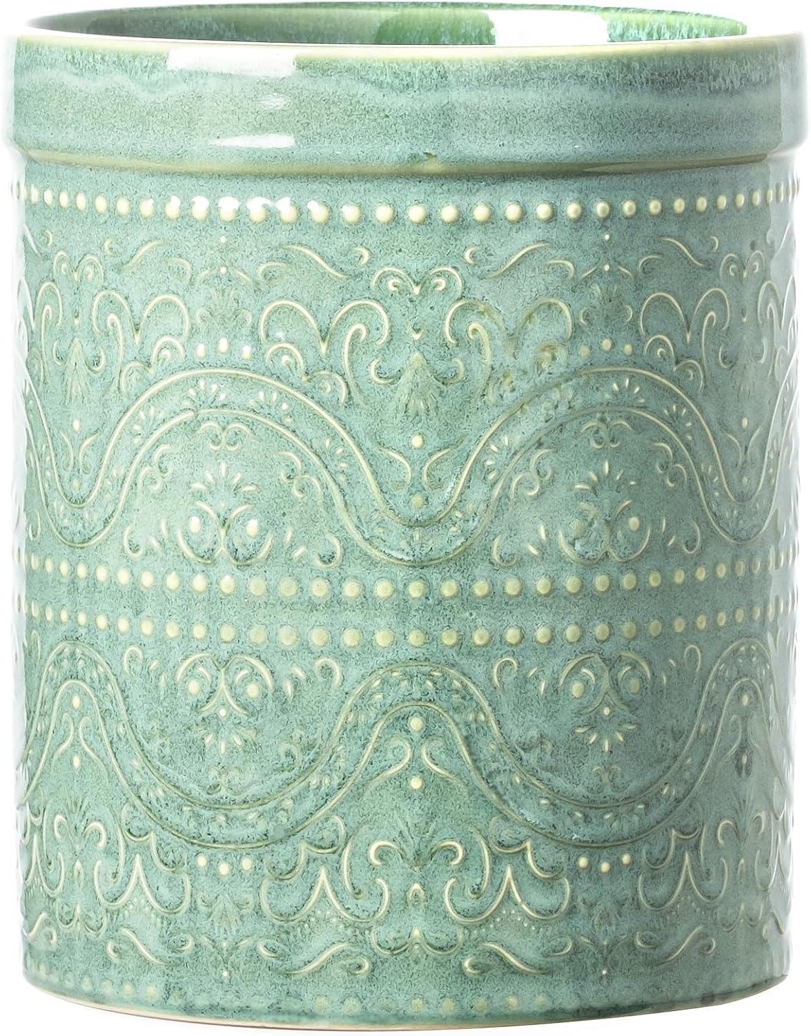 Kitchen Utensil Holder, 7 Inches Large Ceramic Utensil Holder for Countertop, Lace Emboss Cooking Utensil Crocks for Kitchen, Home Decor, Off-White