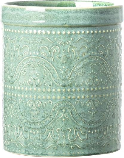 Kitchen Utensil Holder, 7 Inches Large Ceramic Utensil Holder for Countertop, Lace Emboss Cooking Utensil Crocks for Kitchen, Home Decor, Off-White