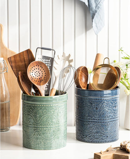 Kitchen Utensil Holder, 7 Inches Large Ceramic Utensil Holder for Countertop, Lace Emboss Cooking Utensil Crocks for Kitchen, Home Decor, Off-White