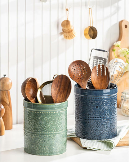 Kitchen Utensil Holder, 7 Inches Large Ceramic Utensil Holder for Countertop, Lace Emboss Cooking Utensil Crocks for Kitchen, Home Decor, Off-White