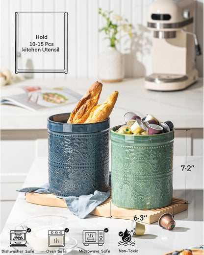 Kitchen Utensil Holder, 7 Inches Large Ceramic Utensil Holder for Countertop, Lace Emboss Cooking Utensil Crocks for Kitchen, Home Decor, Off-White