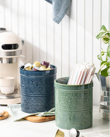 Kitchen Utensil Holder, 7 Inches Large Ceramic Utensil Holder for Countertop, Lace Emboss Cooking Utensil Crocks for Kitchen, Home Decor, Off-White
