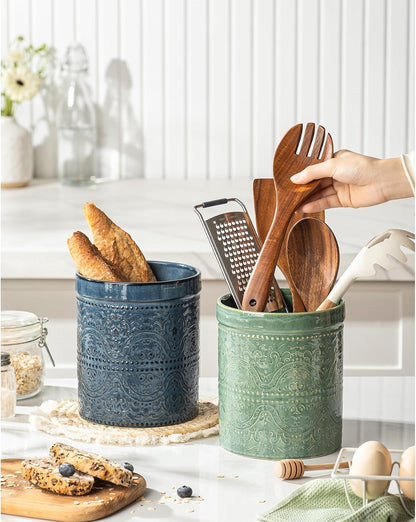 Kitchen Utensil Holder, 7 Inches Large Ceramic Utensil Holder for Countertop, Lace Emboss Cooking Utensil Crocks for Kitchen, Home Decor, Off-White