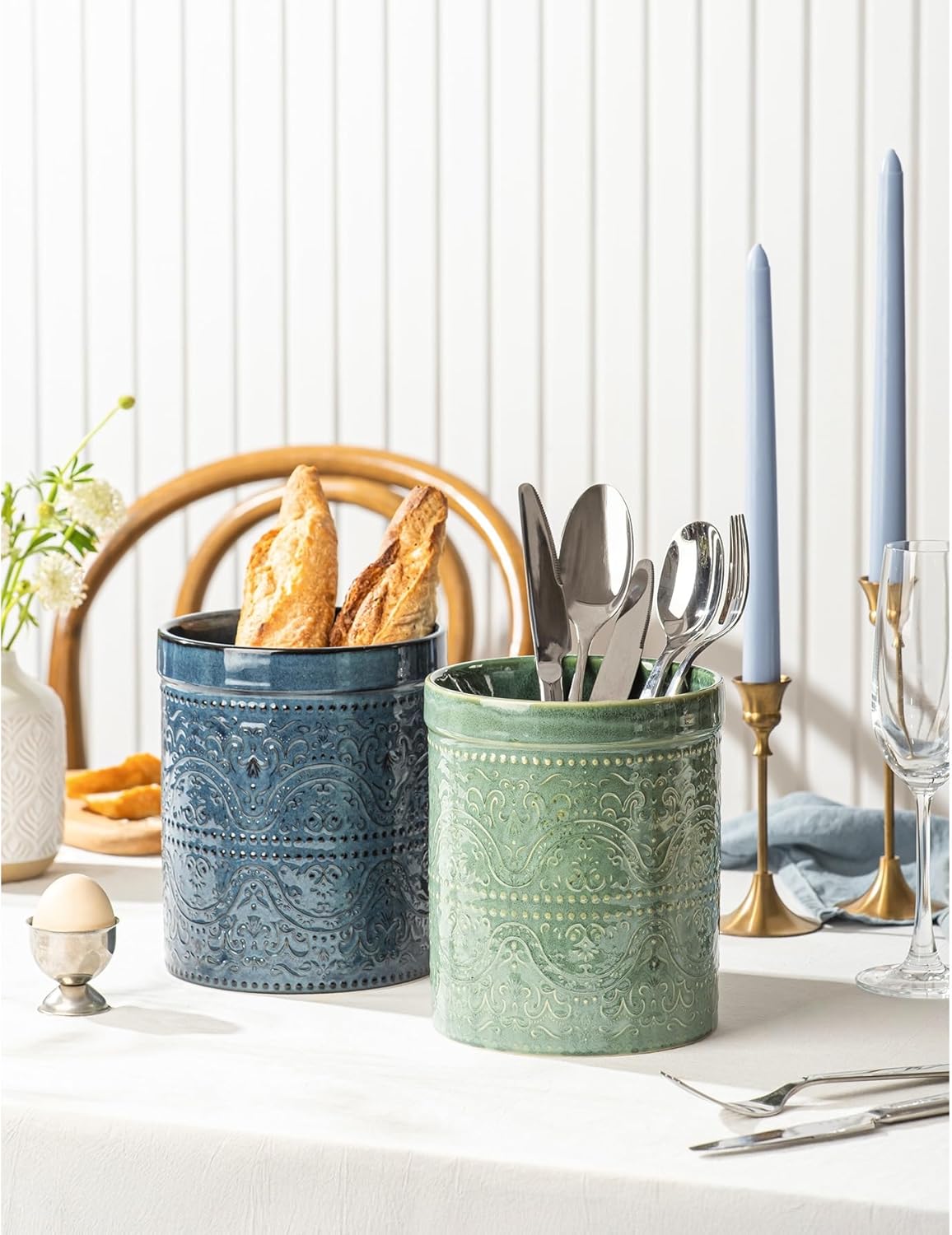 Kitchen Utensil Holder, 7 Inches Large Ceramic Utensil Holder for Countertop, Lace Emboss Cooking Utensil Crocks for Kitchen, Home Decor, Off-White