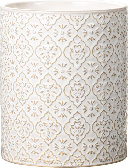 Kitchen Utensil Holder, 7 Inches Large Ceramic Utensil Holder for Countertop, Lace Emboss Cooking Utensil Crocks for Kitchen, Home Decor, Off-White