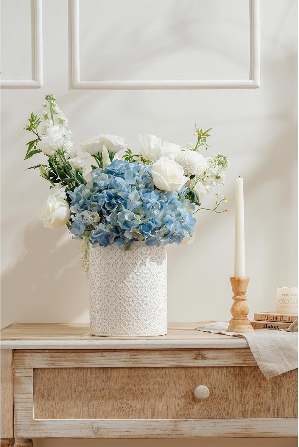 Kitchen Utensil Holder, 7 Inches Large Ceramic Utensil Holder for Countertop, Lace Emboss Cooking Utensil Crocks for Kitchen, Home Decor, Off-White