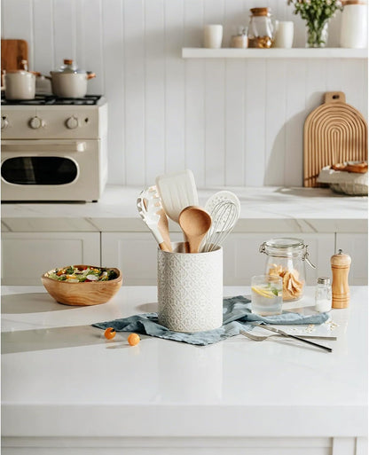 Kitchen Utensil Holder, 7 Inches Large Ceramic Utensil Holder for Countertop, Lace Emboss Cooking Utensil Crocks for Kitchen, Home Decor, Off-White
