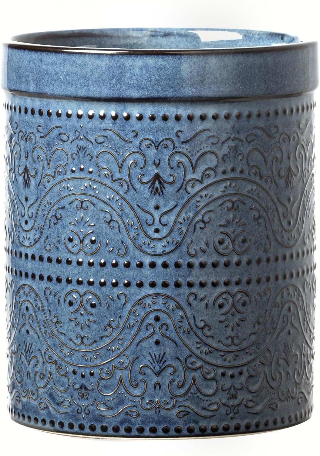 Kitchen Utensil Holder, 7 Inches Large Ceramic Utensil Holder for Countertop, Lace Emboss Cooking Utensil Crocks for Kitchen, Home Decor, Off-White