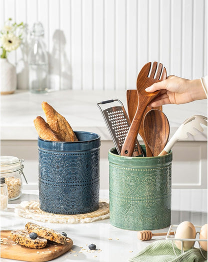 Kitchen Utensil Holder, 7 Inches Large Ceramic Utensil Holder for Countertop, Lace Emboss Cooking Utensil Crocks for Kitchen, Home Decor, Off-White