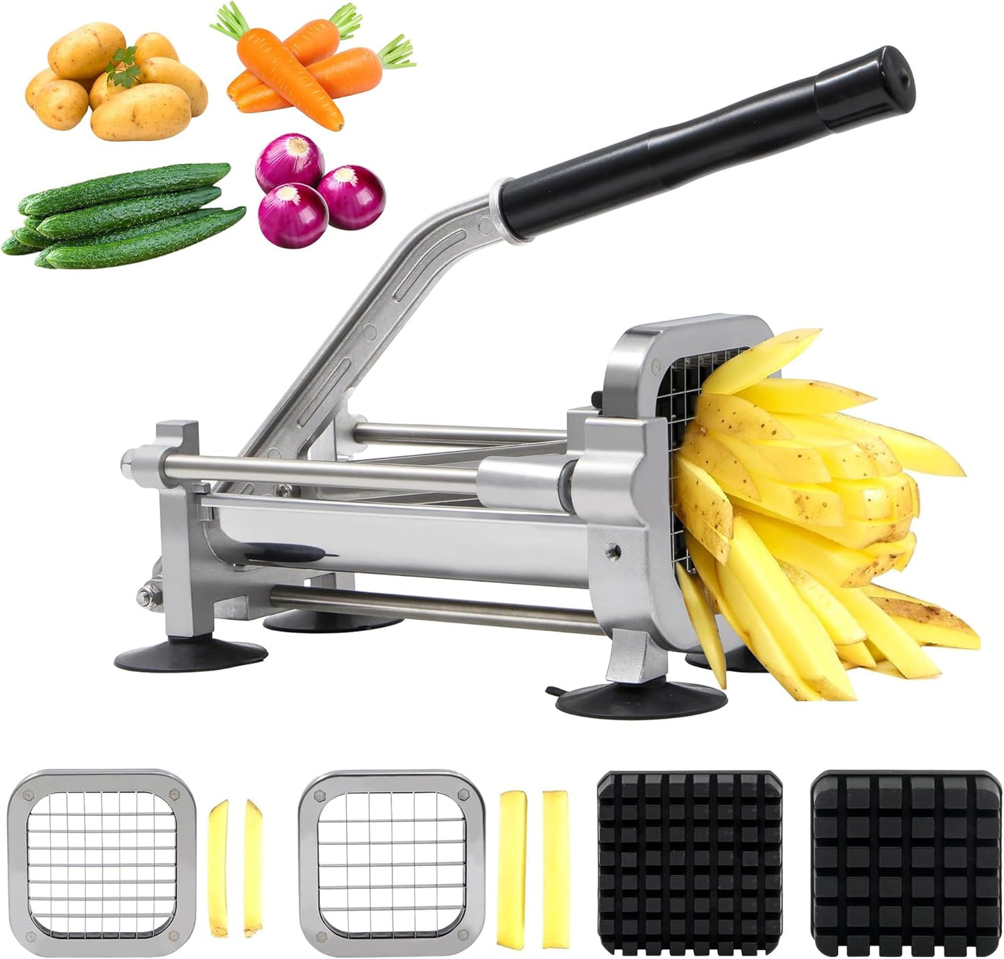 French fry cutter with two blades (1/2 inch and 3/8 inch), commercial stainless steel French fry slicer, suitable for whole potatoes, carrots, and cucumbers,fries cutter,potato slicer