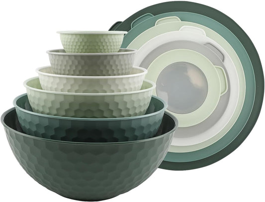 Mixing Bowls with Lids - 12 Piece Plastic Nesting Bowls Set includes 6 Prep Bowls and 6 Lids, Microwave Safe Mixing Bowl Set, Sage Embossed - Colors A