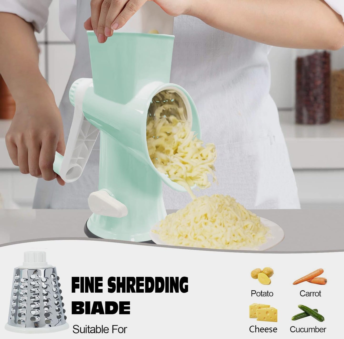 Cheese Grater with Handle,Multifunctional Rotary Cheese Grater | Kitchen Cheese Shredder Can Easily Chop Vegetables,Potatoes,Carrots,Etc.The Suction Cup is Stable and Easy to Clean
