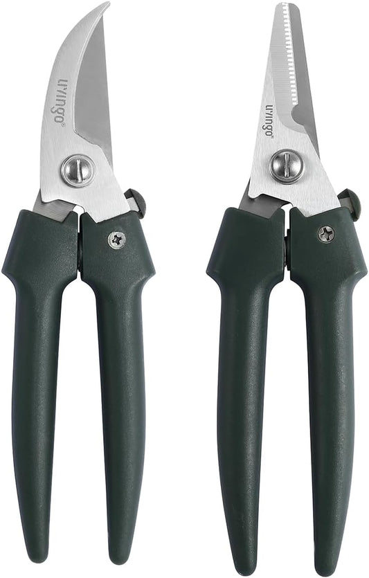 7.5" Garden Pruning Shears Straight Curved Blade Set | Sharp Stainless Steel Blades, Spring Lock Design, Plant Flower Herb Trimming, Small Branch Cutting