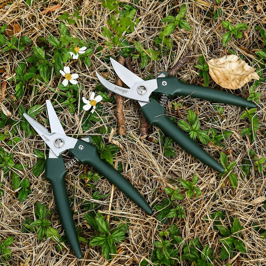 7.5" Garden Pruning Shears Straight Curved Blade Set | Sharp Stainless Steel Blades, Spring Lock Design, Plant Flower Herb Trimming, Small Branch Cutting