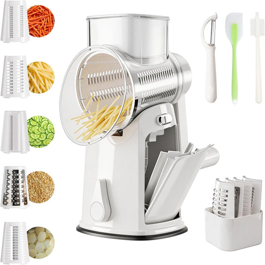 The rotary cheese grater comes with 5 blades and 3 tools: a round mandolin slicer and a food shredder. Suitable for fruits, vegetables, nuts, etc., it includes a blade storage box. (White)