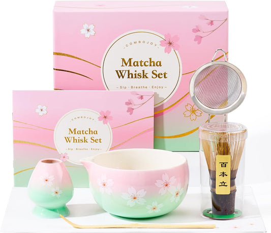 Matcha Whisk Set – Japanese Tea Ceremony Kit with Ceramic Bowl, Purple Bamboo Whisk (Chasen), Holder, Sifter & Scoop – Complete Matcha Kit, Women Gifts for Tea Lovers
