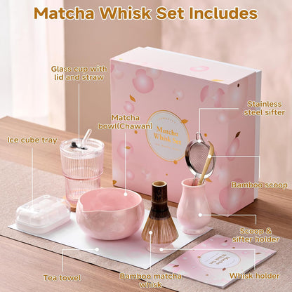 Matcha Whisk Set – Japanese Tea Ceremony Kit with Ceramic Bowl, Purple Bamboo Whisk (Chasen), Holder, Sifter & Scoop – Complete Matcha Kit, Women Gifts for Tea Lovers