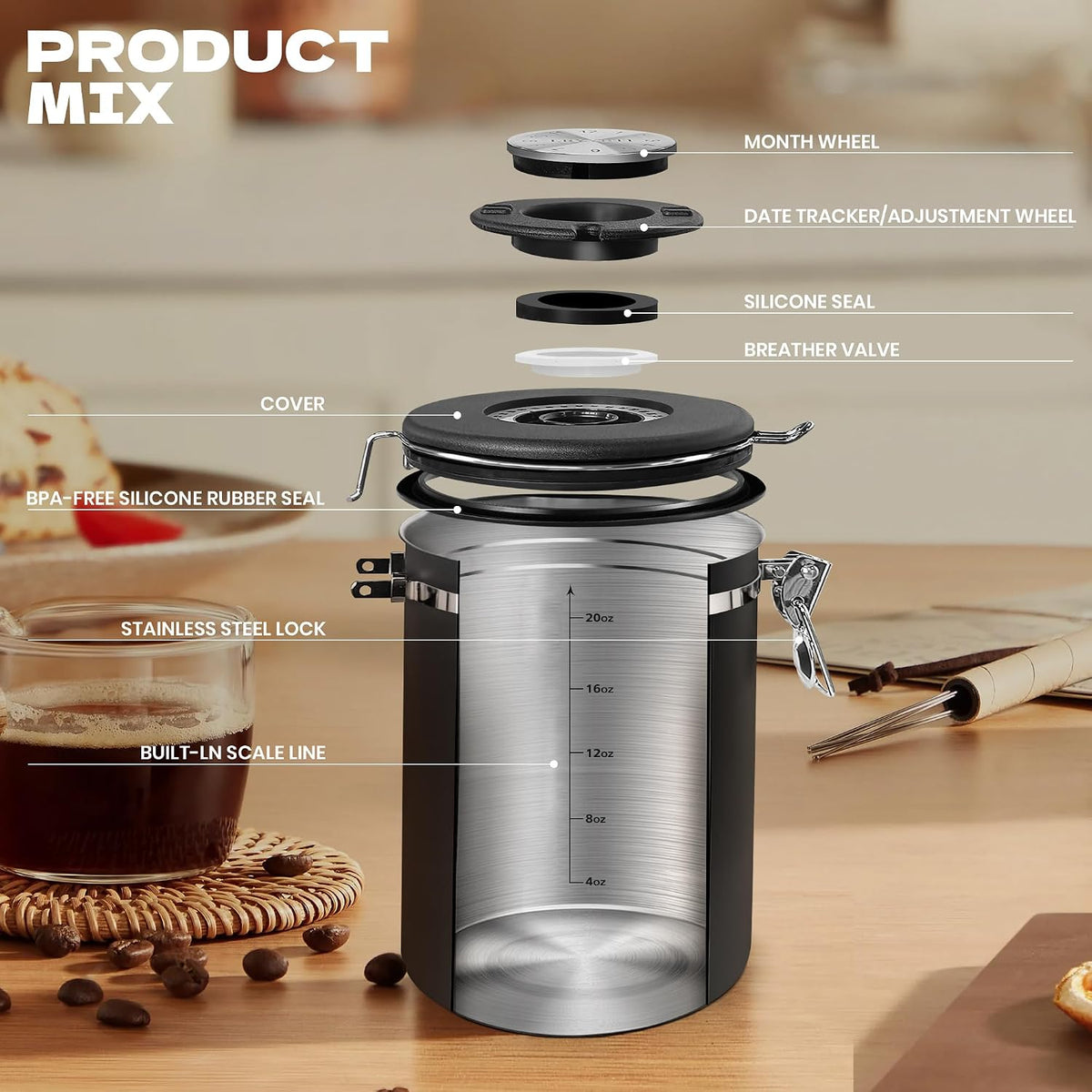 22OZ Coffee Canister Airtight Stainless Steel
