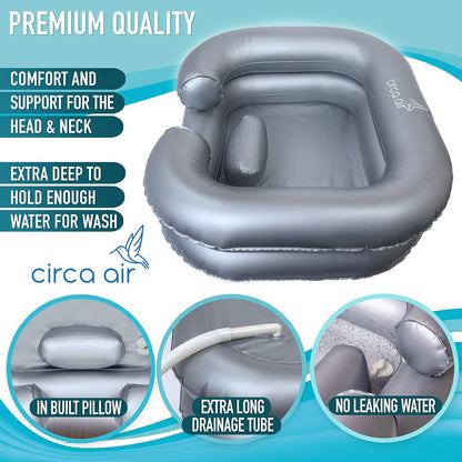 Inflatable Hair Washing Basin For Bedridden - Wash Hair In Bed With Shampoo Basin. Portable Shampoo Bowl With Pillow For Extra Comfort. The Perfect Inflatable Sink For Locs Detox