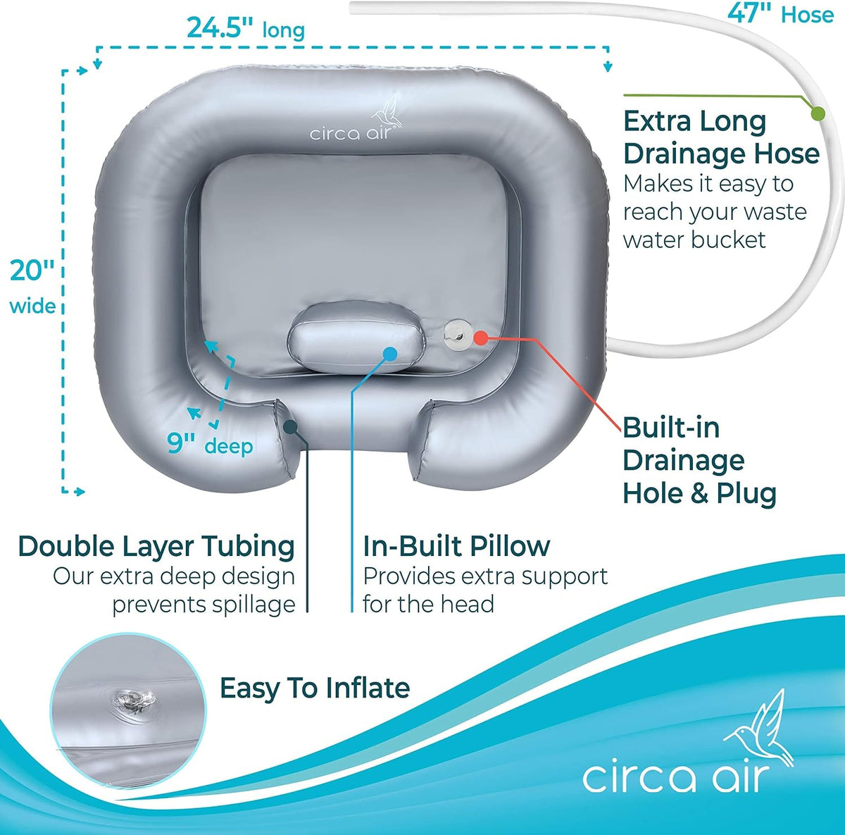 Inflatable Hair Washing Basin For Bedridden - Wash Hair In Bed With Shampoo Basin. Portable Shampoo Bowl With Pillow For Extra Comfort. The Perfect Inflatable Sink For Locs Detox