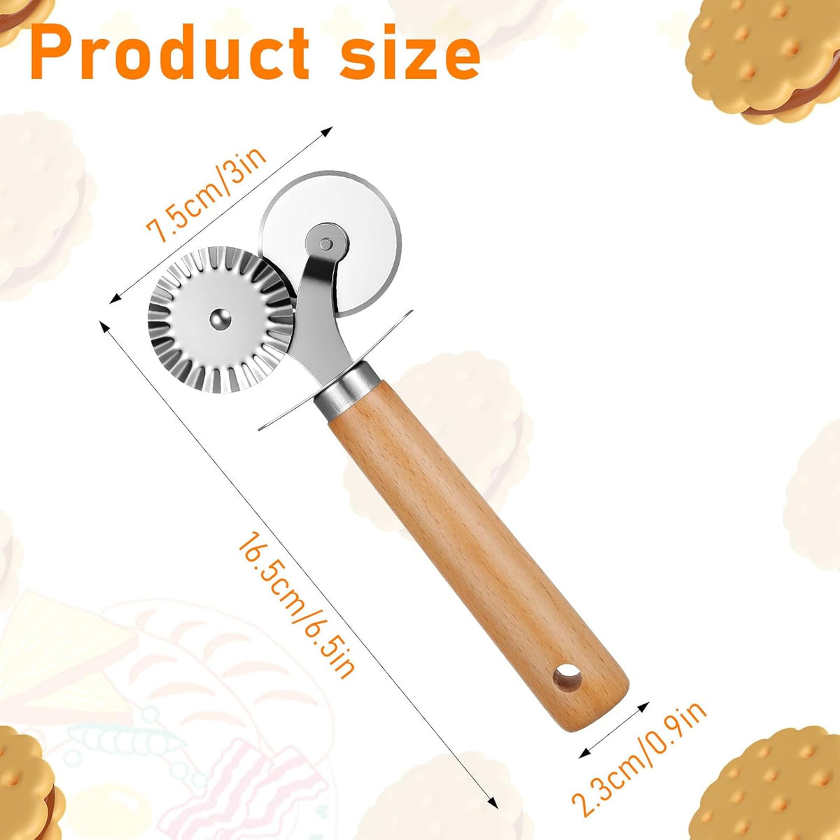 Pasta Wheel Cutter, Double Fluted Pastry Cutter Wheel,Double-Blade Ravioli Cutters,Stainless Steel Double Roller Dough Cutters with Wooden Handle for Pizza,Ravioli,Cookies