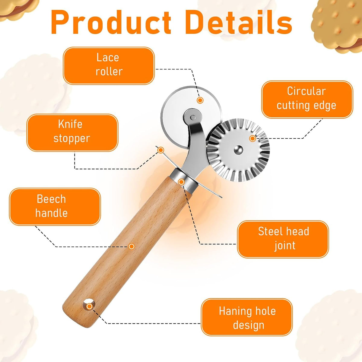 Pasta Wheel Cutter, Double Fluted Pastry Cutter Wheel,Double-Blade Ravioli Cutters,Stainless Steel Double Roller Dough Cutters with Wooden Handle for Pizza,Ravioli,Cookies