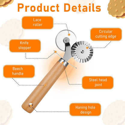 Pasta Wheel Cutter, Double Fluted Pastry Cutter Wheel,Double-Blade Ravioli Cutters,Stainless Steel Double Roller Dough Cutters with Wooden Handle for Pizza,Ravioli,Cookies
