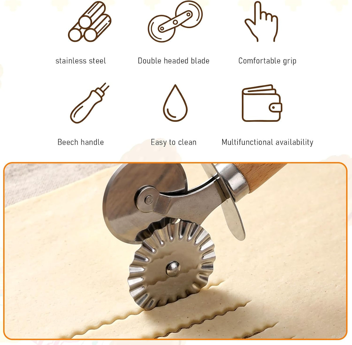 Pasta Wheel Cutter, Double Fluted Pastry Cutter Wheel,Double-Blade Ravioli Cutters,Stainless Steel Double Roller Dough Cutters with Wooden Handle for Pizza,Ravioli,Cookies