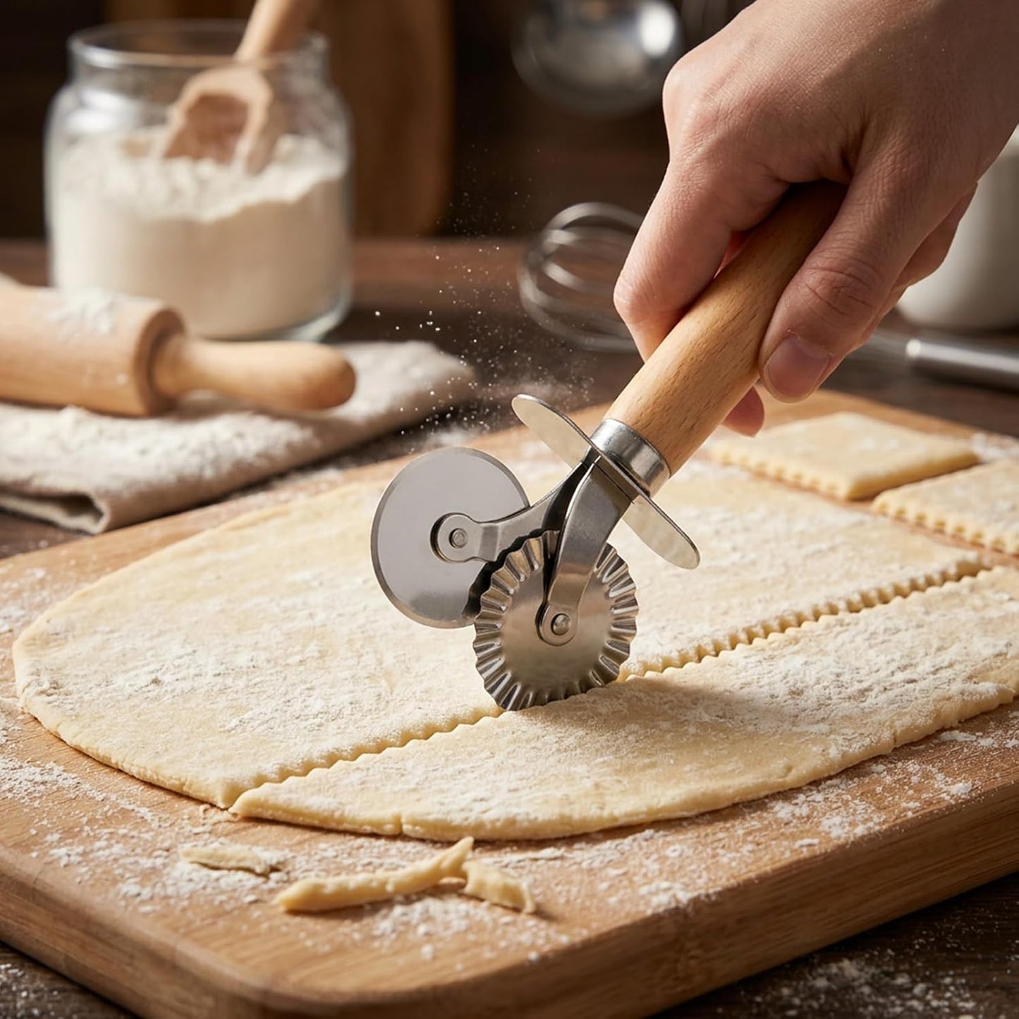 Pasta Wheel Cutter, Double Fluted Pastry Cutter Wheel,Double-Blade Ravioli Cutters,Stainless Steel Double Roller Dough Cutters with Wooden Handle for Pizza,Ravioli,Cookies