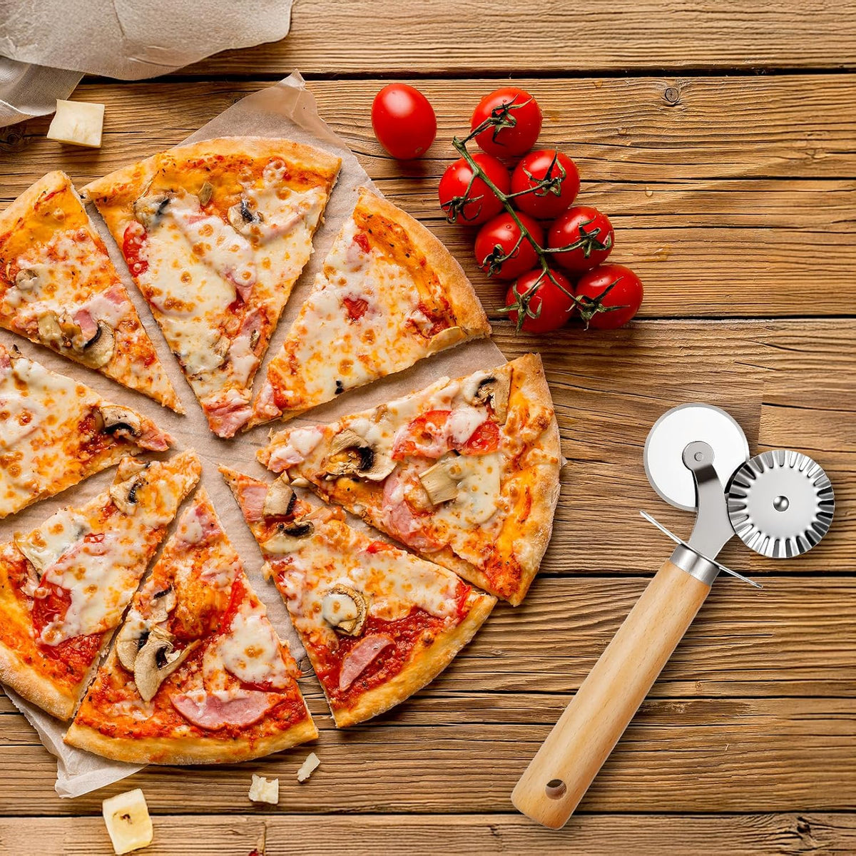 Pasta Wheel Cutter, Double Fluted Pastry Cutter Wheel,Double-Blade Ravioli Cutters,Stainless Steel Double Roller Dough Cutters with Wooden Handle for Pizza,Ravioli,Cookies