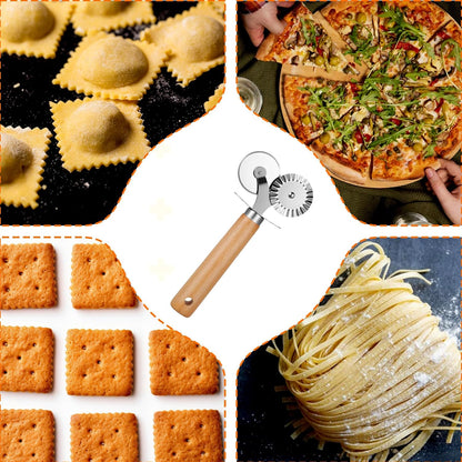 Pasta Wheel Cutter, Double Fluted Pastry Cutter Wheel,Double-Blade Ravioli Cutters,Stainless Steel Double Roller Dough Cutters with Wooden Handle for Pizza,Ravioli,Cookies