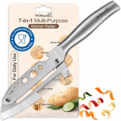 All-Stainless Steel Multifunctional Vegetable Peeler for Kitchen | LFGB-tested food-grade build, thick steel body, smooth peeling, bottle opener, dishwasher safe, right-handed