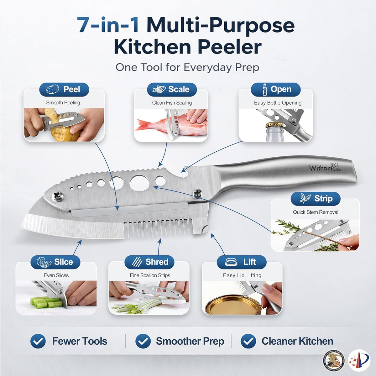 All-Stainless Steel Multifunctional Vegetable Peeler for Kitchen | LFGB-tested food-grade build, thick steel body, smooth peeling, bottle opener, dishwasher safe, right-handed