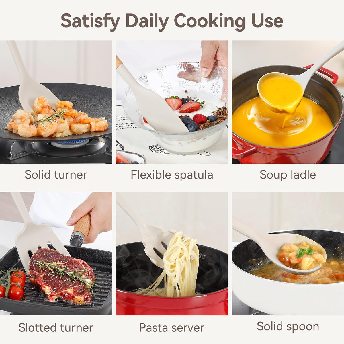 Kitchen Utensils Set, Large Non-stick Silicone Cooking Utensils Set 6 Pcs, Wooden Handle Heat Resistance Silicone Spatula Soup Ladle Pasta Server Kitchen Gadgets Utensils Set BPA Free (Khaki)