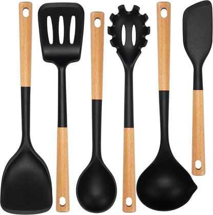 Kitchen Utensils Set, Large Non-stick Silicone Cooking Utensils Set 6 Pcs, Wooden Handle Heat Resistance Silicone Spatula Soup Ladle Pasta Server Kitchen Gadgets Utensils Set BPA Free (Khaki)