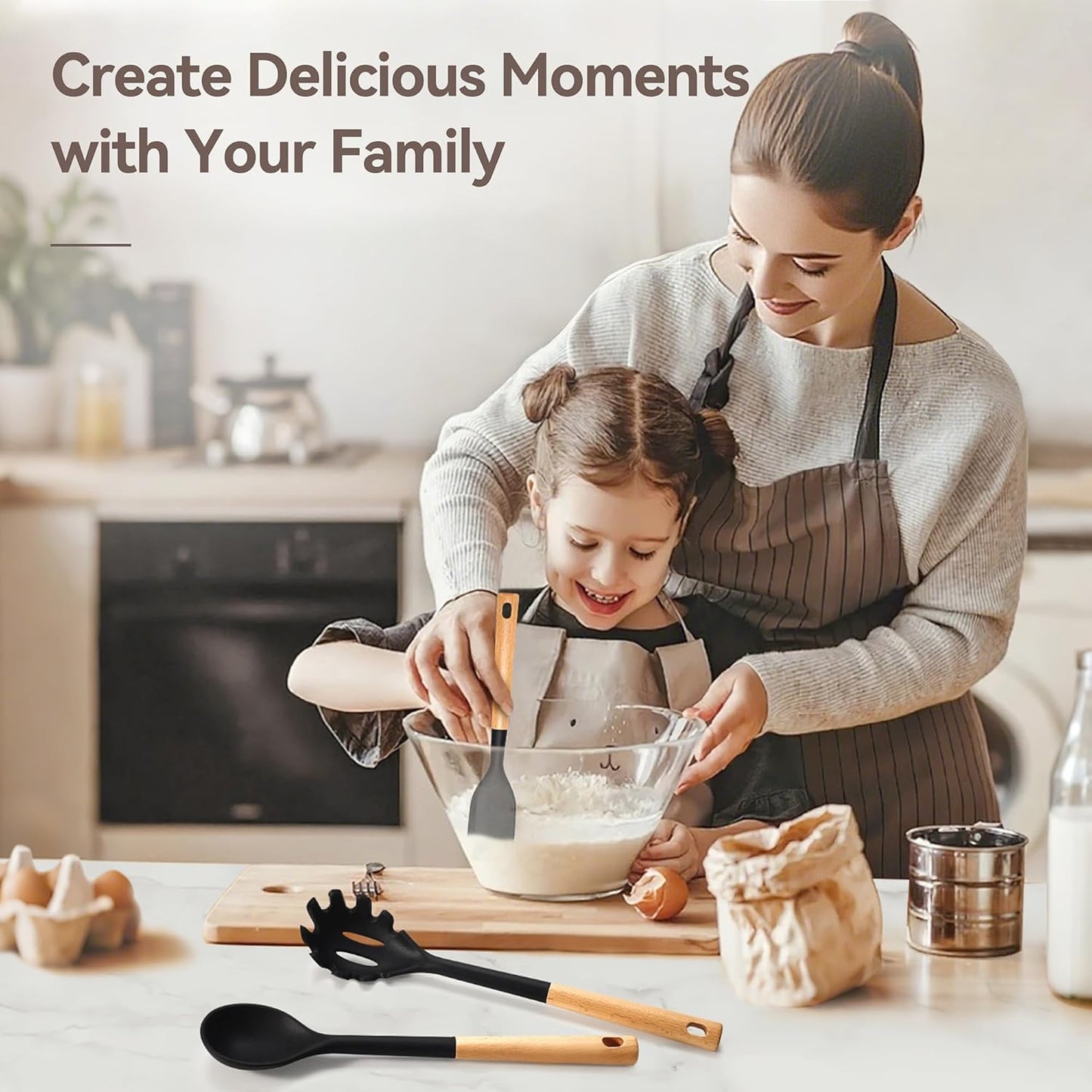 Kitchen Utensils Set, Large Non-stick Silicone Cooking Utensils Set 6 Pcs, Wooden Handle Heat Resistance Silicone Spatula Soup Ladle Pasta Server Kitchen Gadgets Utensils Set BPA Free (Khaki)