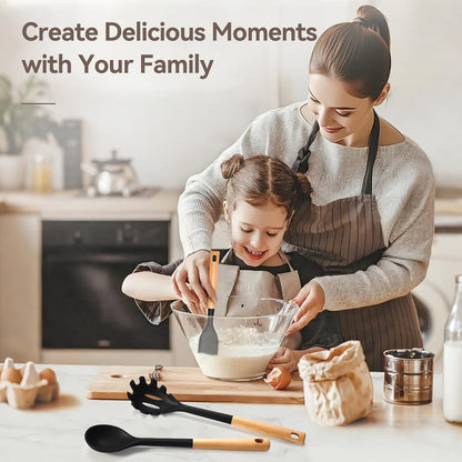 Kitchen Utensils Set, Large Non-stick Silicone Cooking Utensils Set 6 Pcs, Wooden Handle Heat Resistance Silicone Spatula Soup Ladle Pasta Server Kitchen Gadgets Utensils Set BPA Free (Khaki)