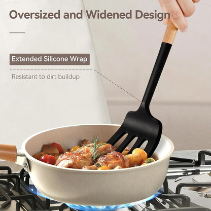 Kitchen Utensils Set, Large Non-stick Silicone Cooking Utensils Set 6 Pcs, Wooden Handle Heat Resistance Silicone Spatula Soup Ladle Pasta Server Kitchen Gadgets Utensils Set BPA Free (Khaki)